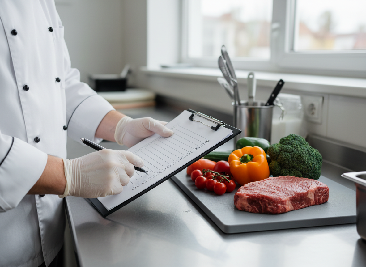 Руки повара в перчатках заполняют чек-лист рядом с продуктами